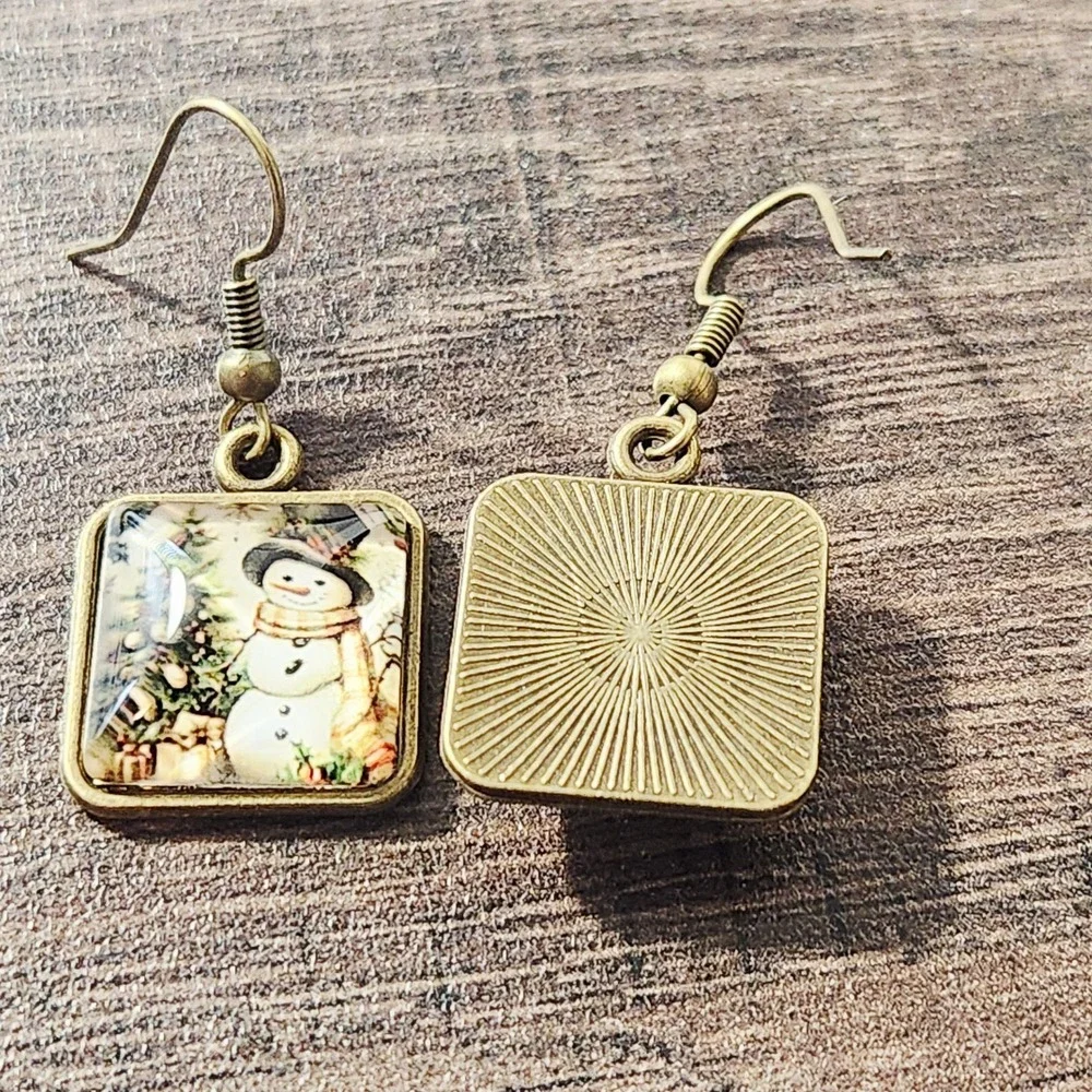 Vintage Style Snowman Christmas Tree Square Bronze Drop Earrings Holiday Jewelry